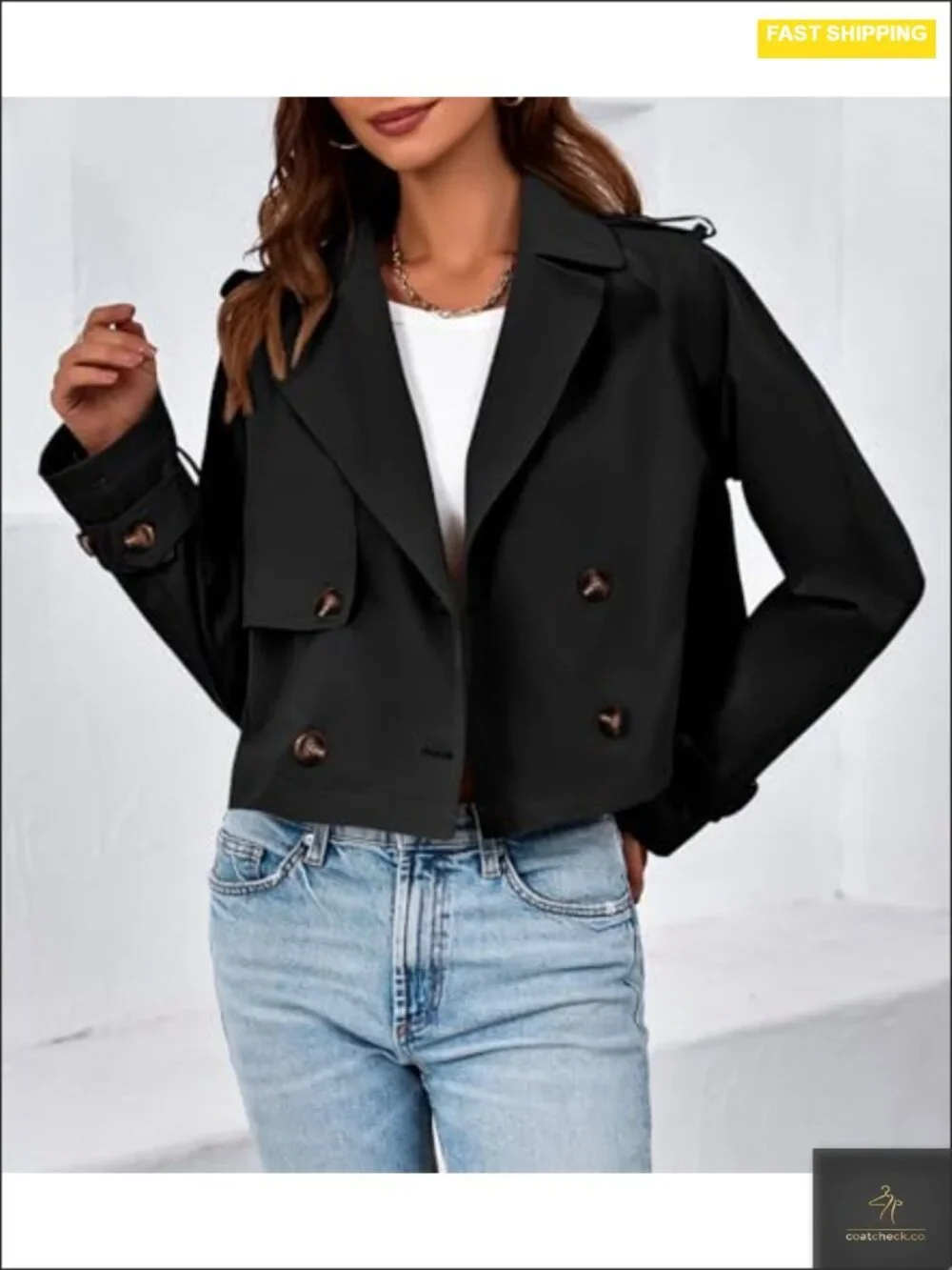 Women's Cropped Trench Coat Double Breasted Notched Lapel Lightweight Jacket
